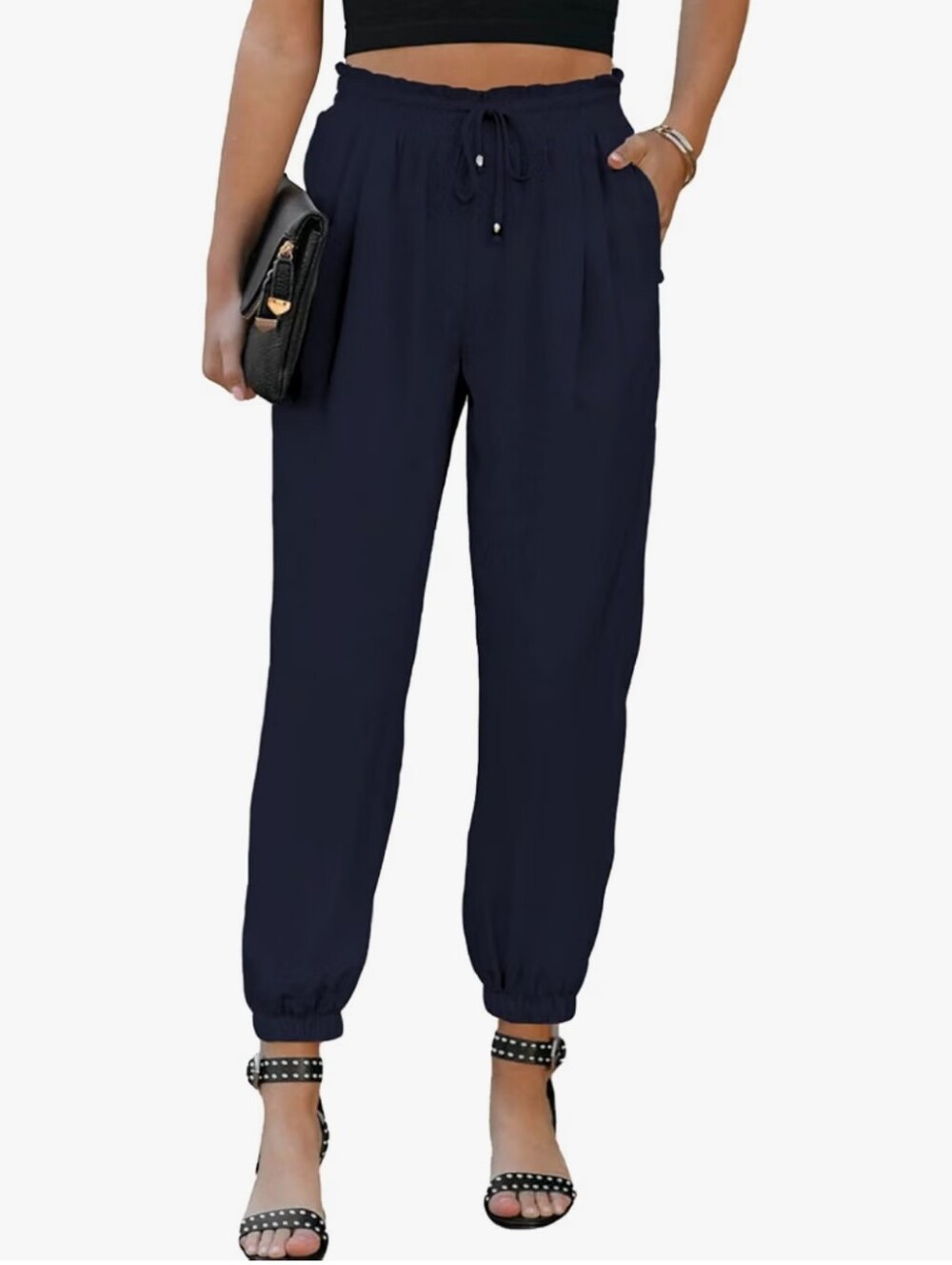 Casual Drawstring Elastic High Waisted Pants Loose Comfy Trousers with Pockets